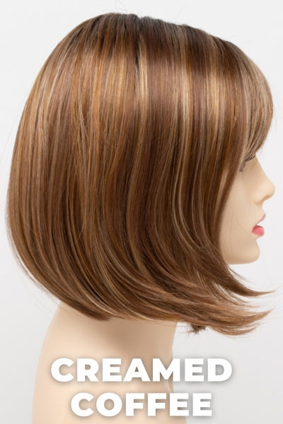 Color Swatch Creamed Coffee for Envy wig Carley.  Rich brown base with a warm Mahogony and copper brown with strawberry blonde dimensions.