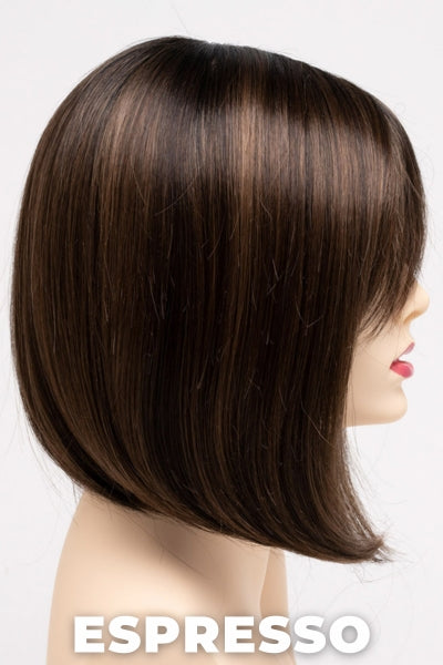 Color Swatch Espresso for Envy wig Carley.  Deep multi toned medium brown with cool undertones and dark brown rooting.