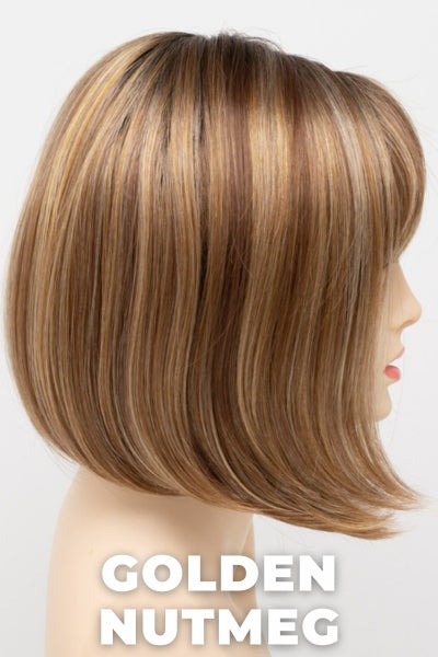 Color Swatch Golden Nutmeg for Envy wig Carley.  Medium brown base with a red hue, golden blonde highlights and a rich chocolate brown root.