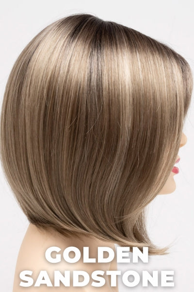 Color Swatch Golden Sandstone for Envy wig Carley.  Creamy beige blonde and dark blonde blend with dark brown roots.