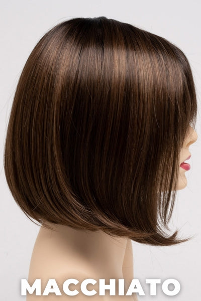 Color Swatch Macchiato for Envy wig Carley.  Chestnut brown and a rich warm brown blend and a dark brown root.