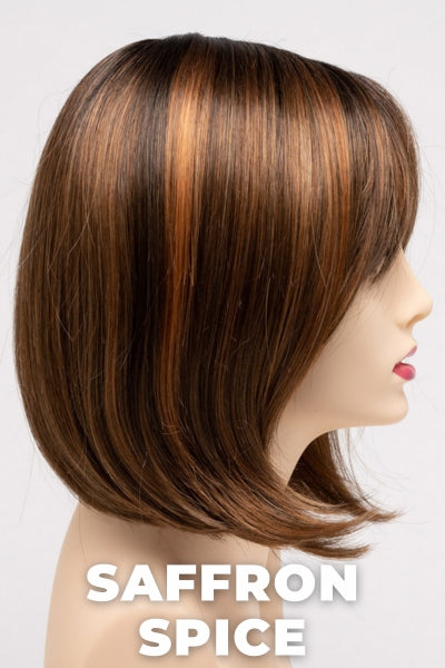 Color Swatch Saffron Spice for Envy wig Carley.  Warm reddish brown base blended with bright copper and dark brown roots.