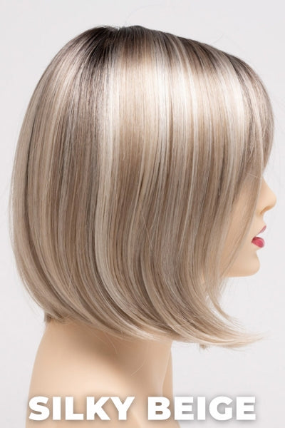 Color Swatch Silky Beige for Envy wig Carley.  Neutral platinum blonde base with dark brown roots.