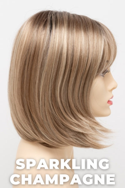 Color Swatch Sparkling Champagne for Envy wig Carley.  Golden blonde base with champagne and pale blonde highlights and a chestnut brown rooting.