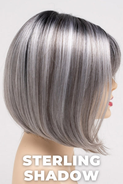 Color Swatch Sterling Shadow for Envy wig Carley.  A blend of salt and pepper grey with dark brown roots.
