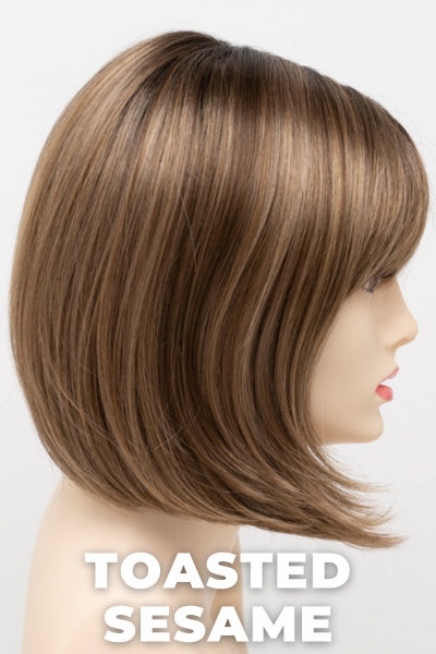 Color Swatch Toasted Sesame for Envy wig Carley.  Light brown base with wheat blonde and dark blonde highlights and a chestnut brown rooting.