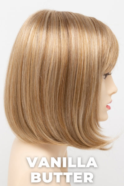 Color Swatch Vanilla Butter for Envy wig Carley. Golden blonde base with pale blonde and honey blonde highlights.