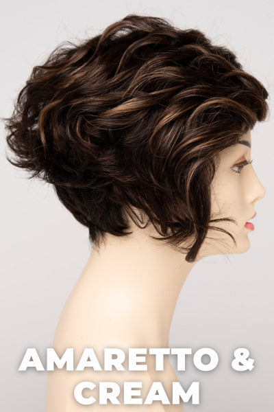 Color Swatch Amaretto & Cream for Envy wig Carissa.  Medium brown base with dark brown roots and subtle blonde highlights with a gold and red undertone.