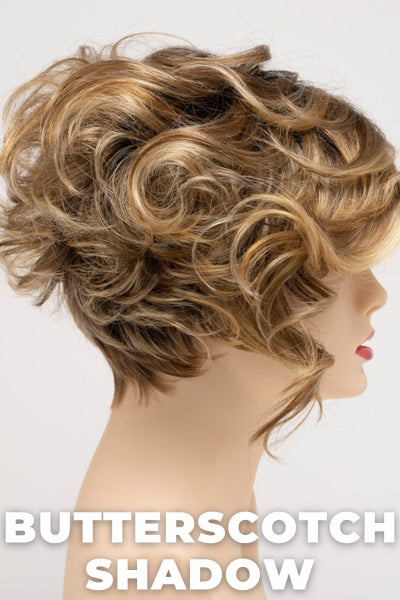 Color Swatch Butterscotch Shadow for Envy wig Carissa.  A blend of warm blonde with a pale light blonde base, golden undertones and dark brown rooting.