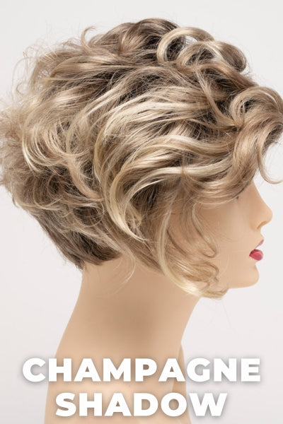 Color Swatch Champagne Shadow for Envy wig Carissa.  A blend of warm blonde with golden undertones and a pale light blonde base with dark brown rooting.