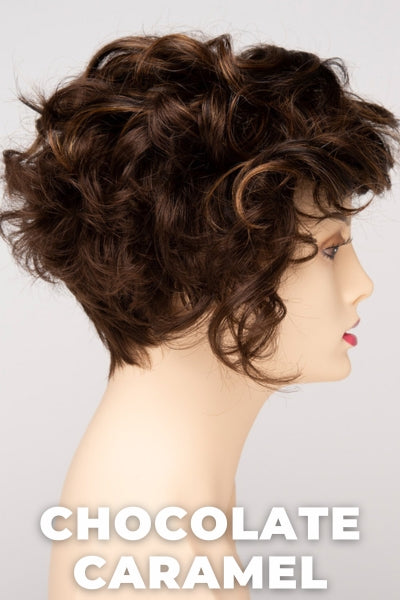 Color Swatch Chocolate Caramel for Envy wig Carissa. Rich chocolate brown with warm golden chestnut brown highlights.