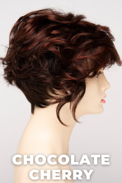 Color Swatch Chocolate Cherry for Envy wig Carissa.  Medium brown base with subtle red undertones and deep copper and golden brown highlights.