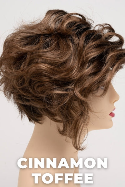 Color Swatch Cinnamon Toffee for Envy wig Carissa.  Blend of neutral and light golden brown base with rich dark brown rooting.