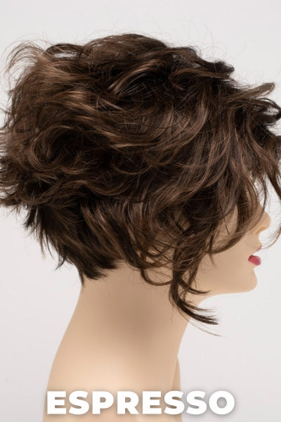 Color Swatch Espresso for Envy wig Carissa.  Deep multi toned medium brown with cool undertones and dark brown rooting.