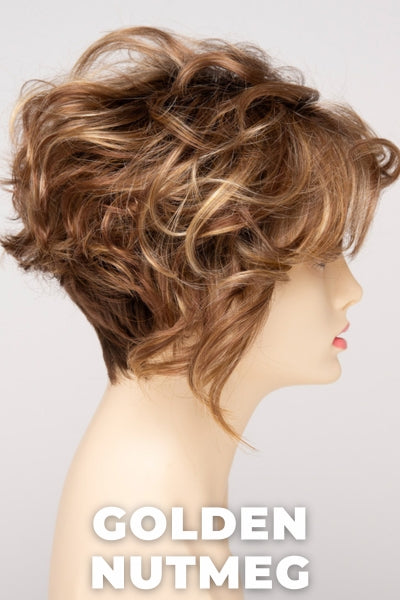 Color Swatch Golden Nutmeg for Envy wig Carissa.  Medium brown base with a red hue, golden blonde highlights and a rich chocolate brown root.