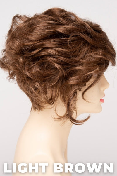 Color Swatch Light Brown for Envy wig Carissa. Light brown base with warm golden undertones and reddish brown highlights.