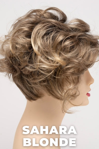 Color Swatch Sahara Blonde for Envy wig Carissa.  Dark blonde and light golden blonde blended base with chestnut roots.