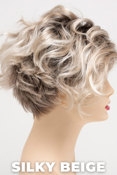 Color Swatch Silky Beige for Envy wig Carissa.  Neutral platinum blonde base with dark brown roots.