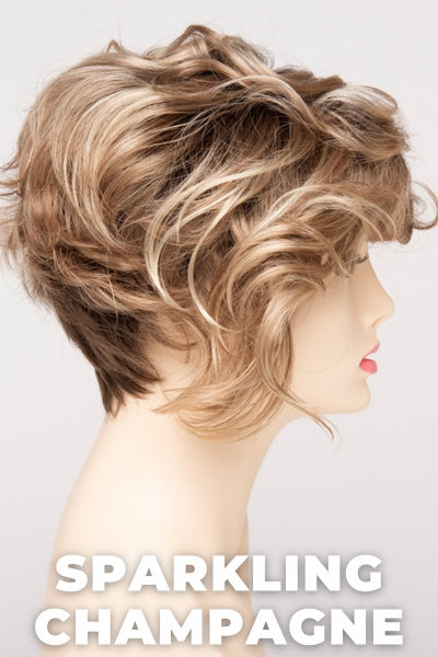 Color Swatch Sparkling Champagne for Envy wig Carissa.  Golden blonde base with champagne and pale blonde highlights and a chestnut brown rooting.