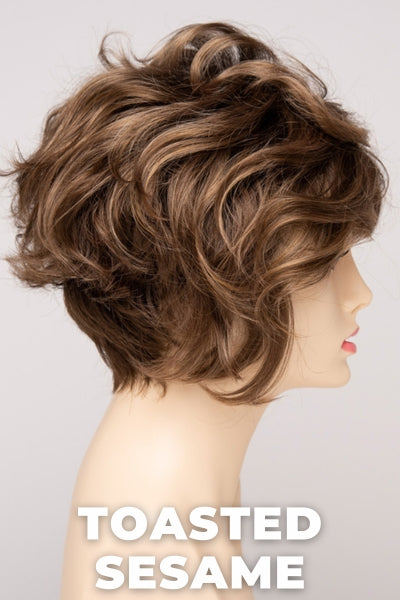 Color Swatch Toasted Sesame for Envy wig Carissa.  Light brown base with wheat blonde and dark blonde highlights and a chestnut brown rooting.