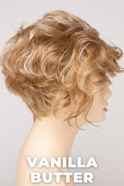 Color Swatch Vanilla Butter for Envy wig Carissa. Golden blonde base with pale blonde and honey blonde highlights.
