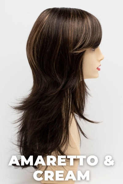 Color Swatch Amaretto & Cream for Envy wig Celeste.  Medium brown base with dark brown roots and subtle blonde highlights with a gold and red undertone.