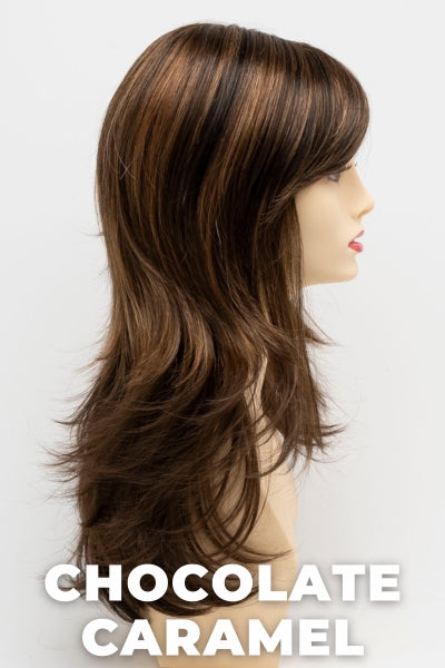 Color Swatch Chocolate Caramel for Envy wig Celeste. Rich chocolate brown with warm golden chestnut brown highlights.