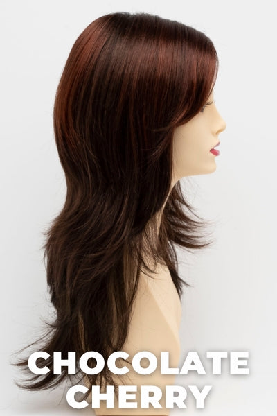 Color Swatch Chocolate Cherry for Envy wig Celeste.  Medium brown base with subtle red undertones and deep copper and golden brown highlights.