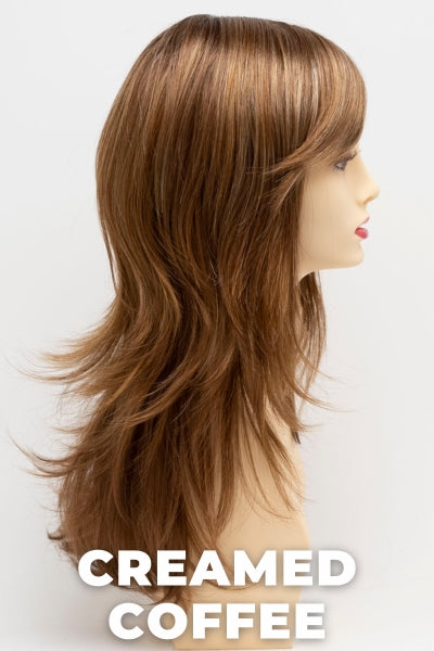 Color Swatch Creamed Coffee for Envy wig Celeste.  Rich brown base with a warm Mahogony and copper brown with strawberry blonde dimensions.