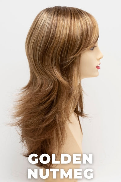 Color Swatch Golden Nutmeg for Envy wig Celeste.  Medium brown base with a red hue, golden blonde highlights and a rich chocolate brown root.