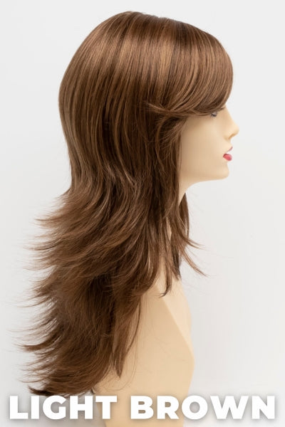 Color Swatch Light Brown for Envy wig Celeste. Light brown base with warm golden undertones and reddish brown highlights.