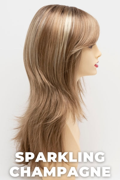 Color Swatch Sparkling Champagne for Envy wig Celeste.  Golden blonde base with champagne and pale blonde highlights and a chestnut brown rooting.