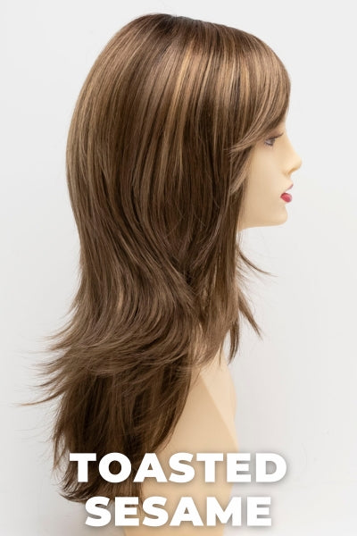 Color Swatch Toasted Sesame for Envy wig Celeste.  Light brown base with wheat blonde and dark blonde highlights and a chestnut brown rooting.