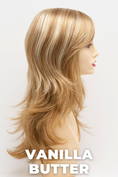 Color Swatch Vanilla Butter for Envy wig Celeste. Golden blonde base with pale blonde and honey blonde highlights.