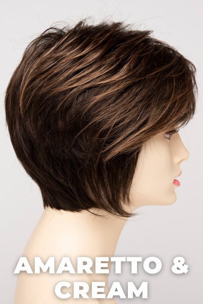 Color Swatch Amaretto & Cream for Envy wig Chantel.  Medium brown base with dark brown roots and subtle blonde highlights with a gold and red undertone.