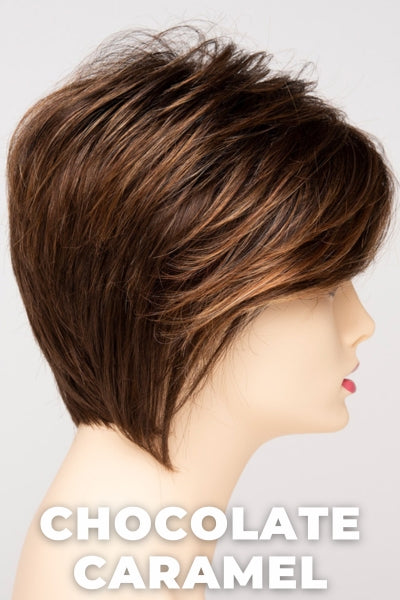 Color Swatch Chocolate Caramel for Envy wig Chantel. Rich chocolate brown with warm golden chestnut brown highlights.