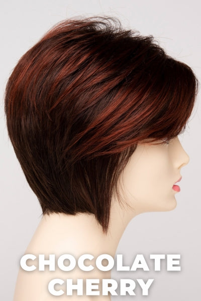 Color Swatch Chocolate Cherry for Envy wig Chantel.  Medium brown base with subtle red undertones and deep copper and golden brown highlights.