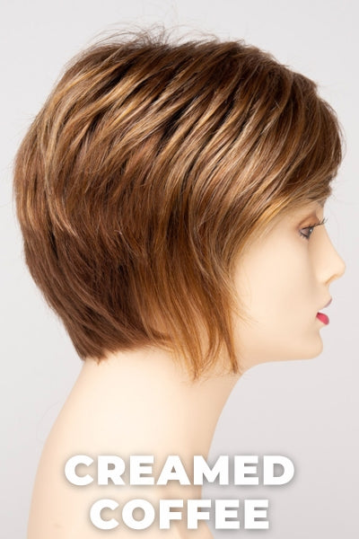 Color Swatch Creamed Coffee for Envy wig Chantel.  Rich brown base with a warm Mahogony and copper brown with strawberry blonde dimensions.