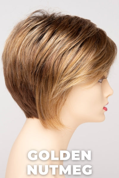 Color Swatch Golden Nutmeg for Envy wig Chantel.  Medium brown base with a red hue, golden blonde highlights and a rich chocolate brown root.