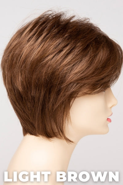 Color Swatch Light Brown for Envy wig Chantel. Light brown base with warm golden undertones and reddish brown highlights.
