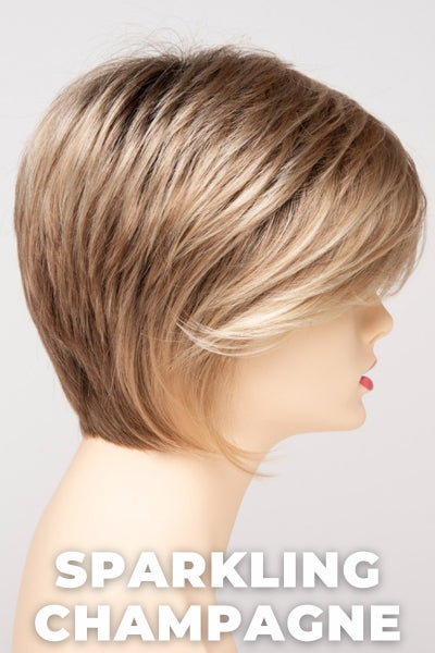 Color Swatch Sparkling Champagne for Envy wig Chantel.  Golden blonde base with champagne and pale blonde highlights and a chestnut brown rooting.