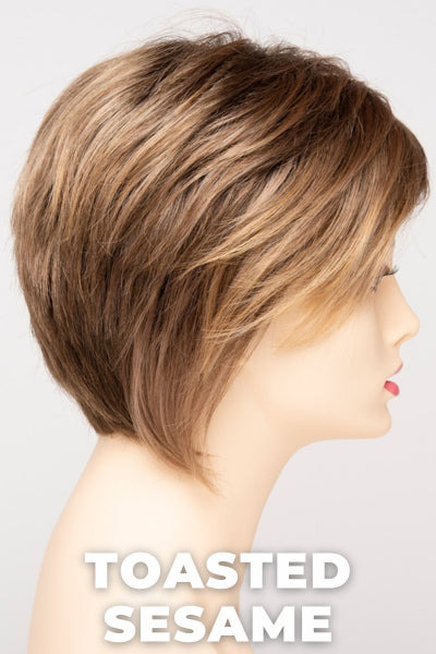 Color Swatch Toasted Sesame for Envy wig Chantel.  Light brown base with wheat blonde and dark blonde highlights and a chestnut brown rooting.