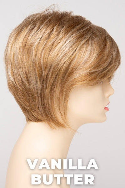 Color Swatch Vanilla Butter for Envy wig Chantel. Golden blonde base with pale blonde and honey blonde highlights.