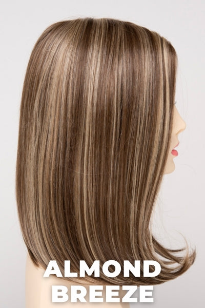 Color Swatch Almond Breeze for Envy wig Chelsea Human Hair Blend. Dark warm honey blonde with subtle creamy blonde and pale blonde highlights.