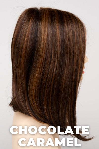 Color Swatch Chocolate Caramel for Envy wig Chelsea Human Hair Blend. Rich chocolate brown with warm golden chestnut brown highlights.