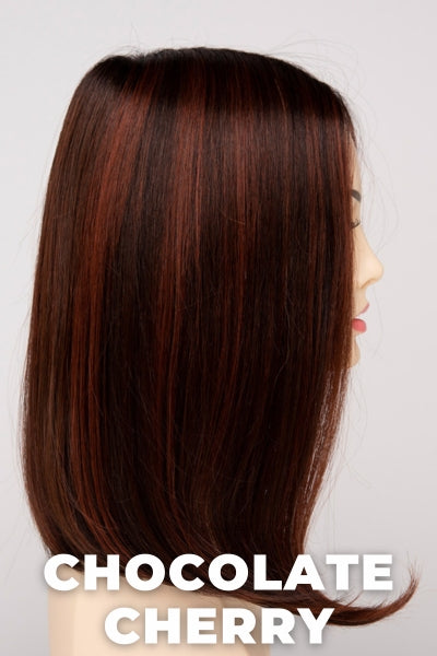 Color Swatch Chocolate Cherry for Envy wig Chelsea Human Hair Blend.  Medium brown base with subtle red undertones and deep copper and golden brown highlights.