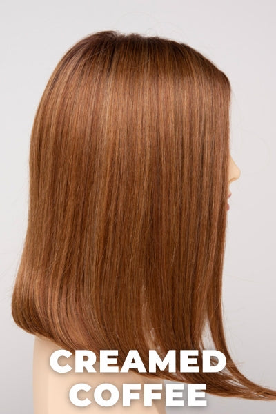 Color Swatch Creamed Coffee for Envy wig Chelsea Human Hair Blend.  Rich brown base with a warm Mahogony and copper brown with strawberry blonde dimensions.