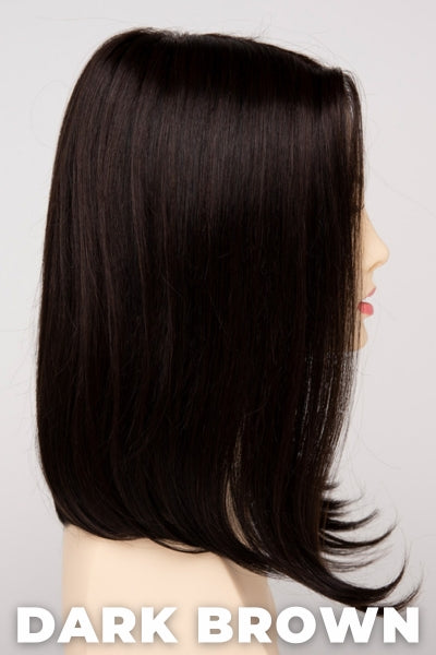 Color Swatch Dark Brown for Envy wig Chelsea Human Hair Blend. A blend of rich dark brown and dark mahogany brown with cool undertones.