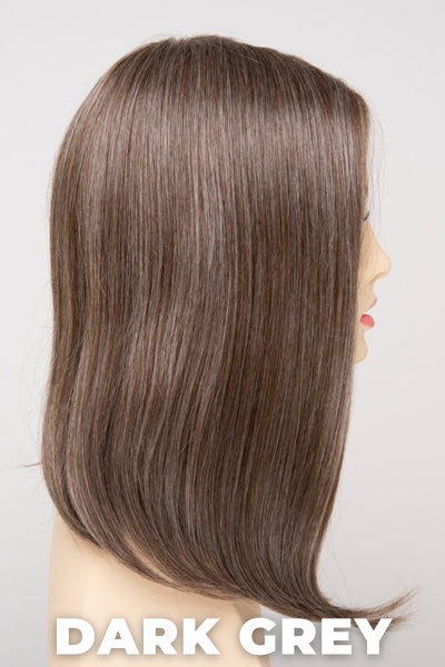 Color Swatch Dark Grey for Envy wig Chelsea Human Hair Blend. Silver grey base with hints of neutral brown woven throughout.