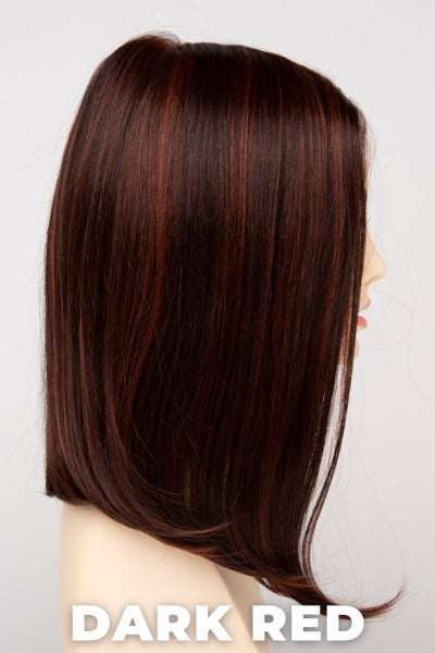 Color Swatch Dark Red for Envy wig Chelsea Human Hair Blend. Dark auburn red base with a blend of deep copper, mahogany and bright burgundy woven throughout.
